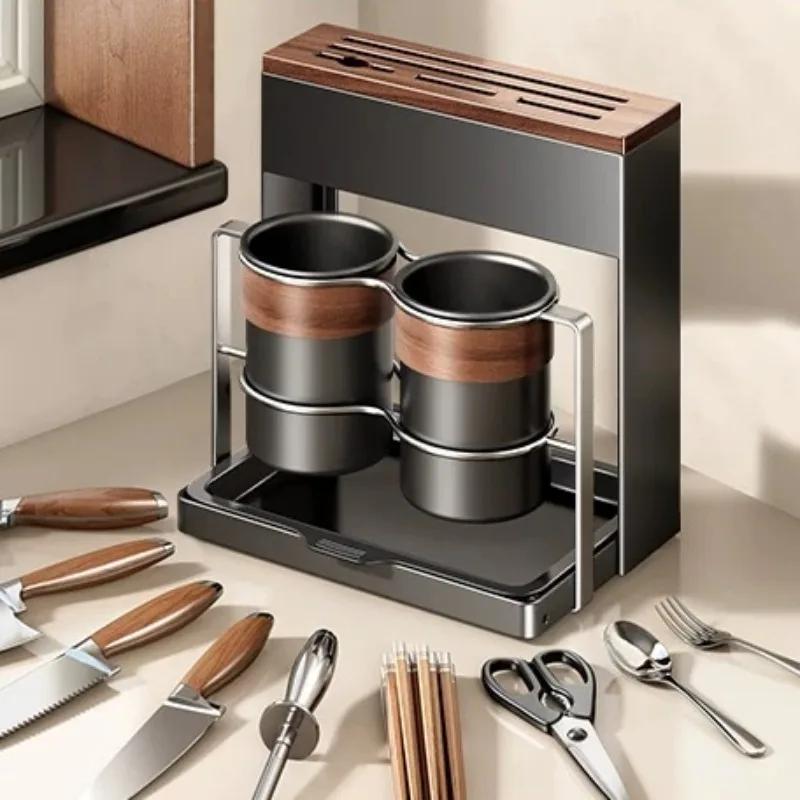 Walnut Wood Knife Block Organizer for Countertop, Solid Wood Knife Storage Rack with Chopstick Holder & Drainage Tray for Home view 5