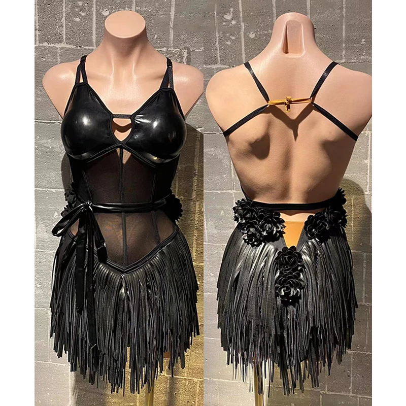 

Black Leather Latin Dance Competition Dress Women High End Customized Dance Costume Sexy Fringed Dress Samba Clothing DNV22478