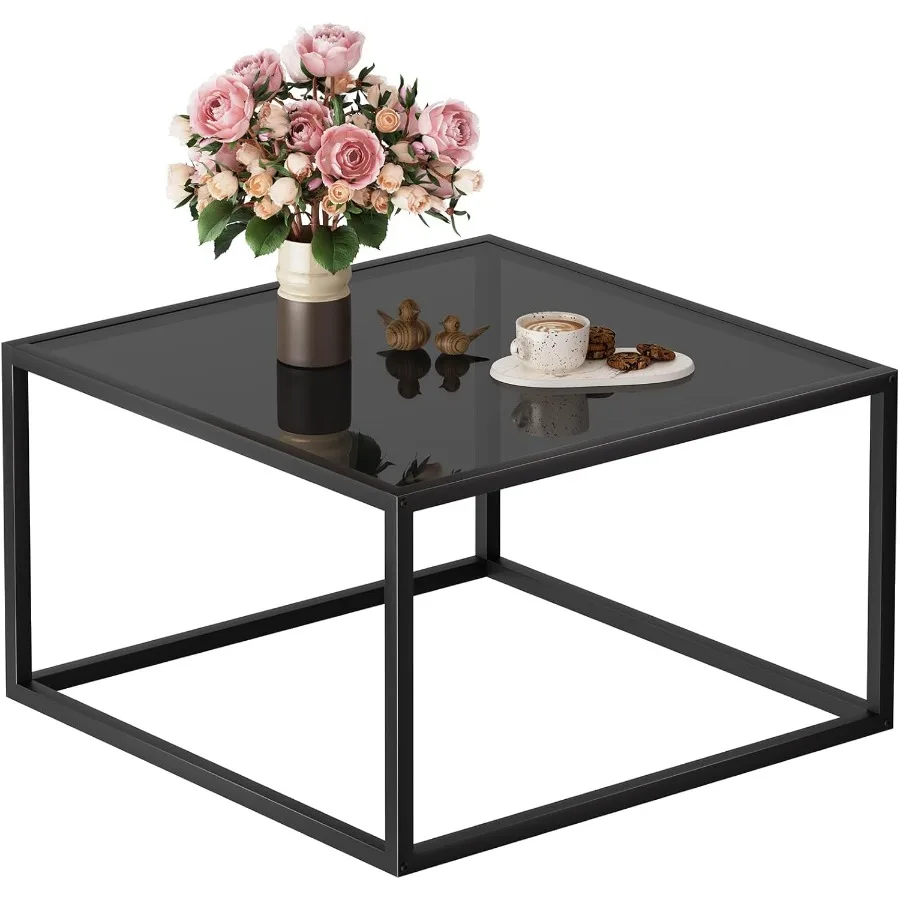 

Black Glass Coffee Table Small Modern Coffee Tables 26.7in Square Tempered GlassTop Accent Center Table for Living Room Home Of