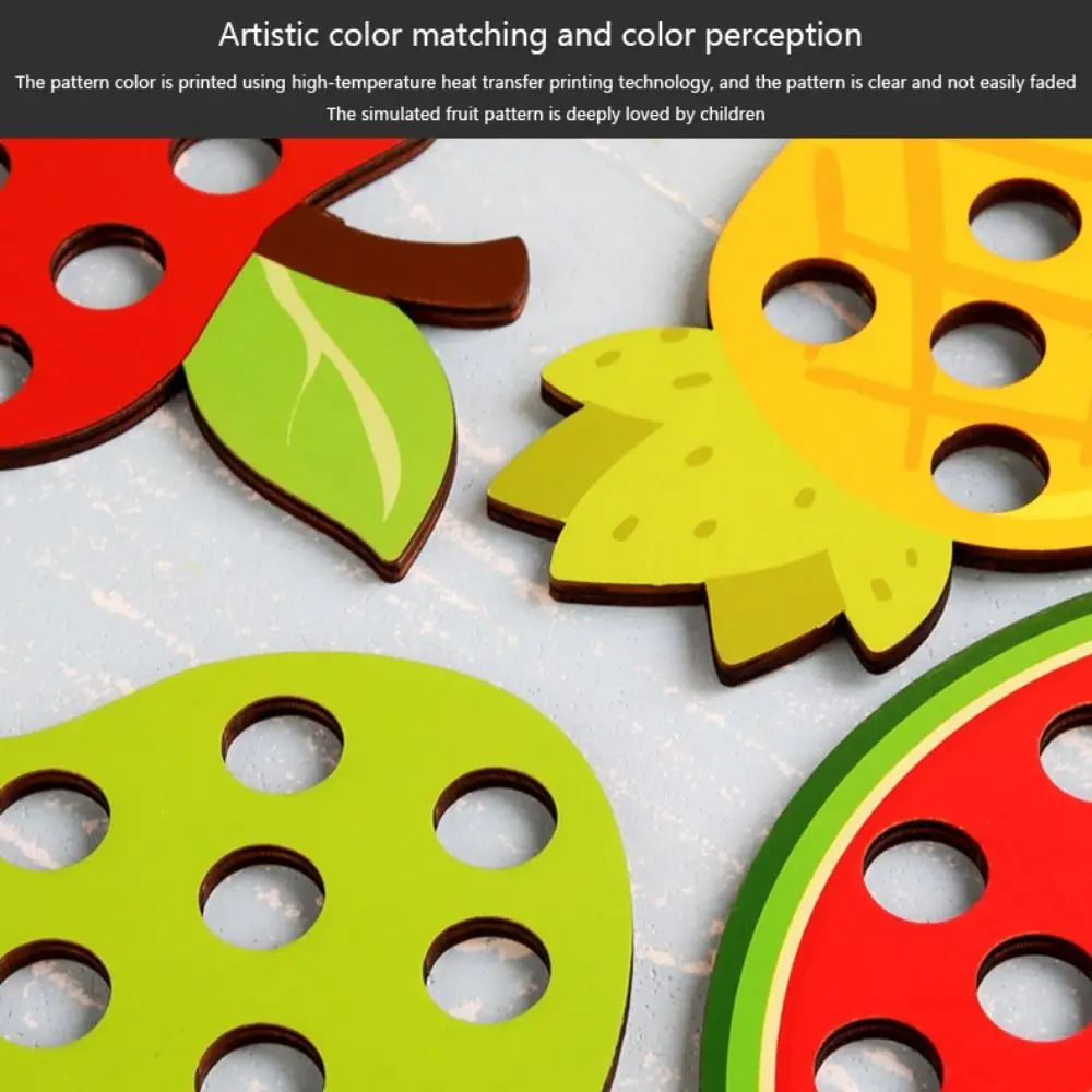 Drewniana tablica do nawlekania owoców, wczesna edukacja, rozpoznawanie kolorów, Montessori, nawlekanie sznurka, koordynacja wzrokowo-ruchowa, pomoce dydaktyczne