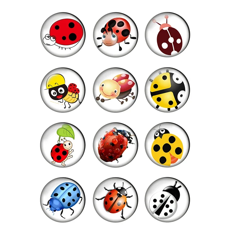 12pcs Cartoon Ladybug Round Photo Glass Cabochon 8 10mm 12 14mm 16 18mm 20 25mm Demo Flat Back DIY Jewelry Making Supplies T032