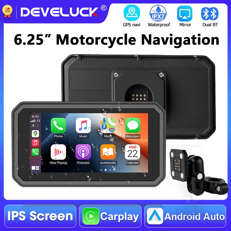 

6.25" Motorcycle GPS Navigation Wireless Carplay Android Auto Dual BT Moto Touch Screen Monitor IPX7 Waterproof Magnetic Mount