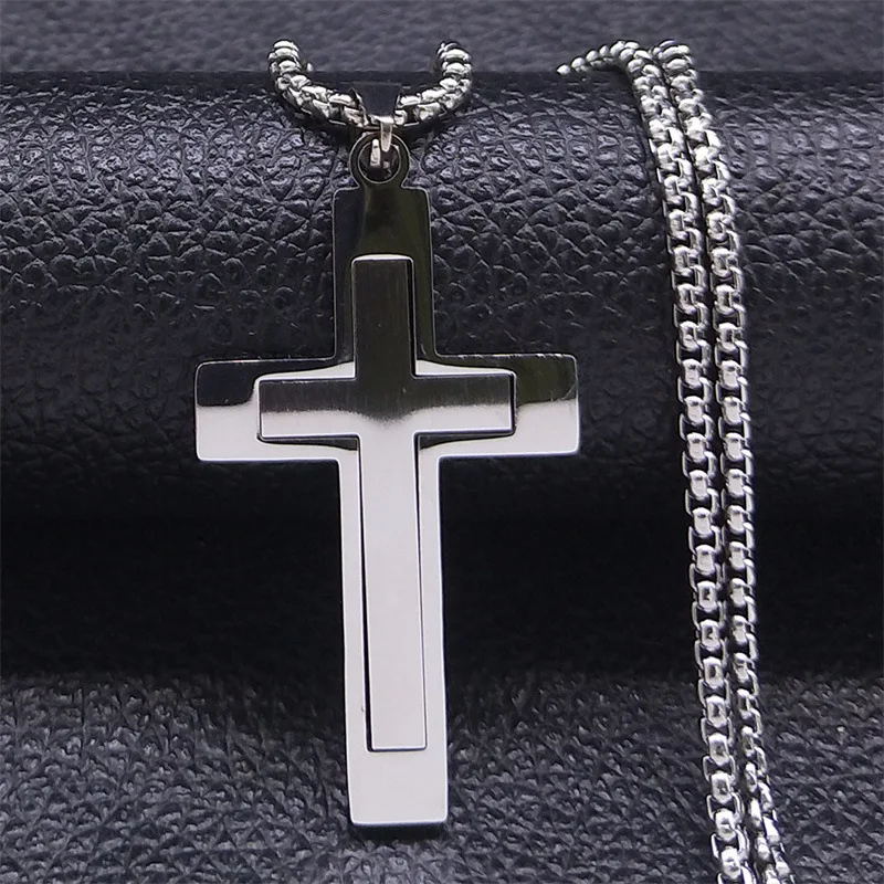 HNSP Stainless Steel Cross Pendant Chain Necklace For Men Christ Jesus Jewelry Catholic Crucifixes Rosaries Accessories