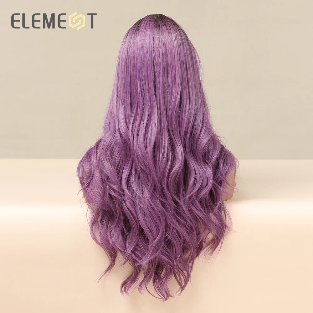 ELEMENT Elegancka peruka syntetyczna Długie faliste kręcone Ombre Dark Root to Purple Kolor Peruki dla kobiet i dziewcząt na imprezę Odporne na