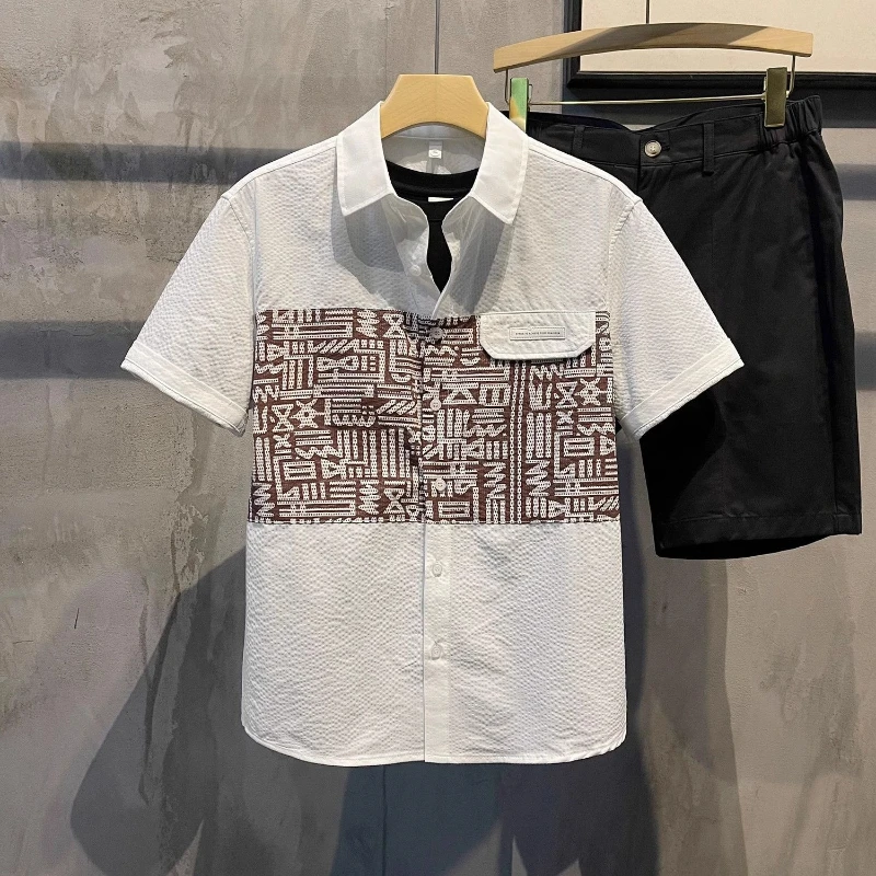 

Men's Printing Contrast Patchwork Korean Shirt Tops Short Sleeve Polo Neck Loose Fashion Blouse Harajuku Casual Men Clothing