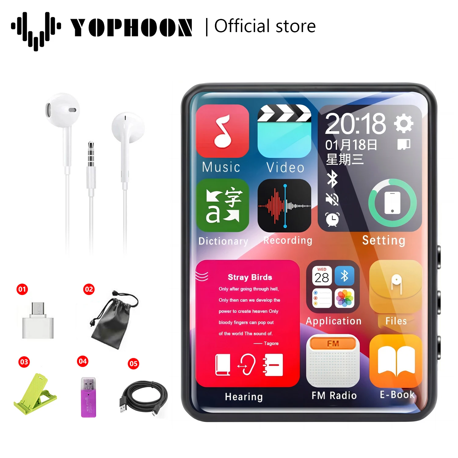 Portable 2.4 Inch MP3 Player, Yophoon New X6 Touch Screen Music Player Bluetooth with Built-in Speaker Multilingual Walkman