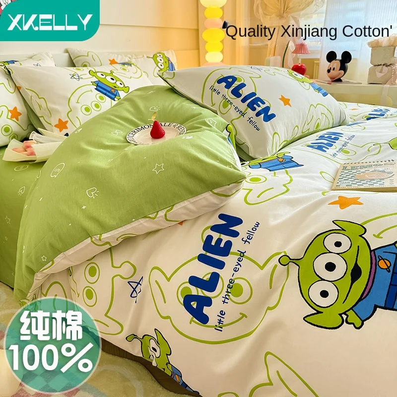 

Disney cartoon Alienins cute student dormitory single bed quilt cover sheet comfortable and soft pure cotton three-piece set