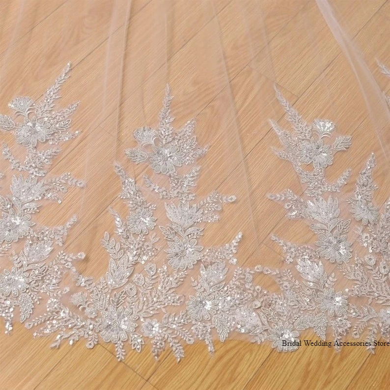 Luxury ivory sequins lace bridal veil vintage church veils with comb 1 layerr cathedral veil for bride  accessory custom