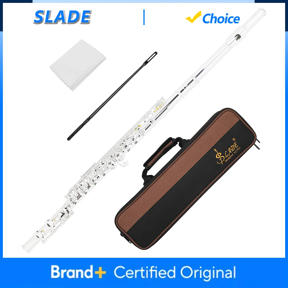 Flet SLADE C, 16 otworów, z zamkniętymi otworami, posrebrzany, z niklu-kuprowego, zakrzywiony flet z klawiszem E, instrument dęty drewniany do występów, z futerałem.