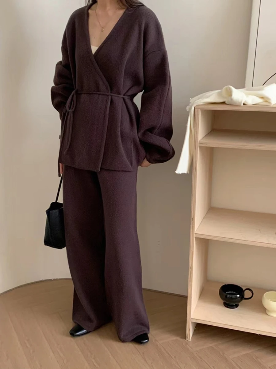 

Однотонный кардиган на шнуровке, свитер, комплект из 2 предметов, женский осенний комплект с v-образным вырезом и длинными рукавами, вязаная верхняя одежда с высокой талией, повседневные комплекты широких брюк