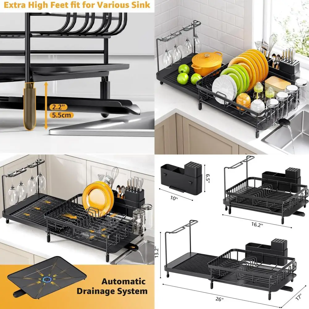 

Сушилка для посуды, Расширяемая полка для посуды большой вместимости со сливной доской, Держатель для бокалов для вина, Компактная сушилка для посуды, Черный