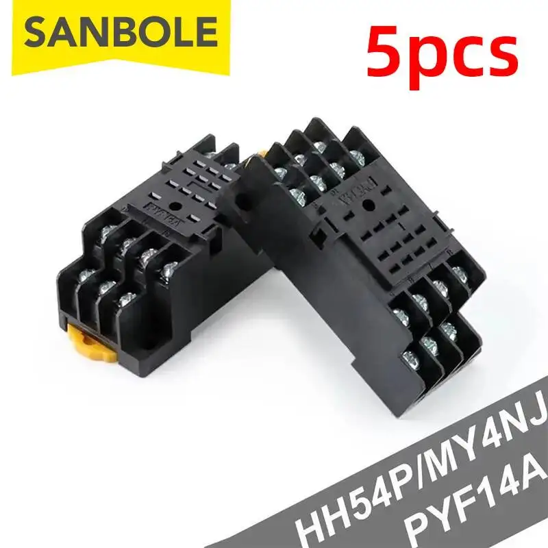 5 szt. Gniazdo przekaźnika / Podstawa przekaźnika PYF14A Czarny 14-pinowy Terminal Pasuje do HH54P MY4NJ Zasilanie Typ U Szyna DIN