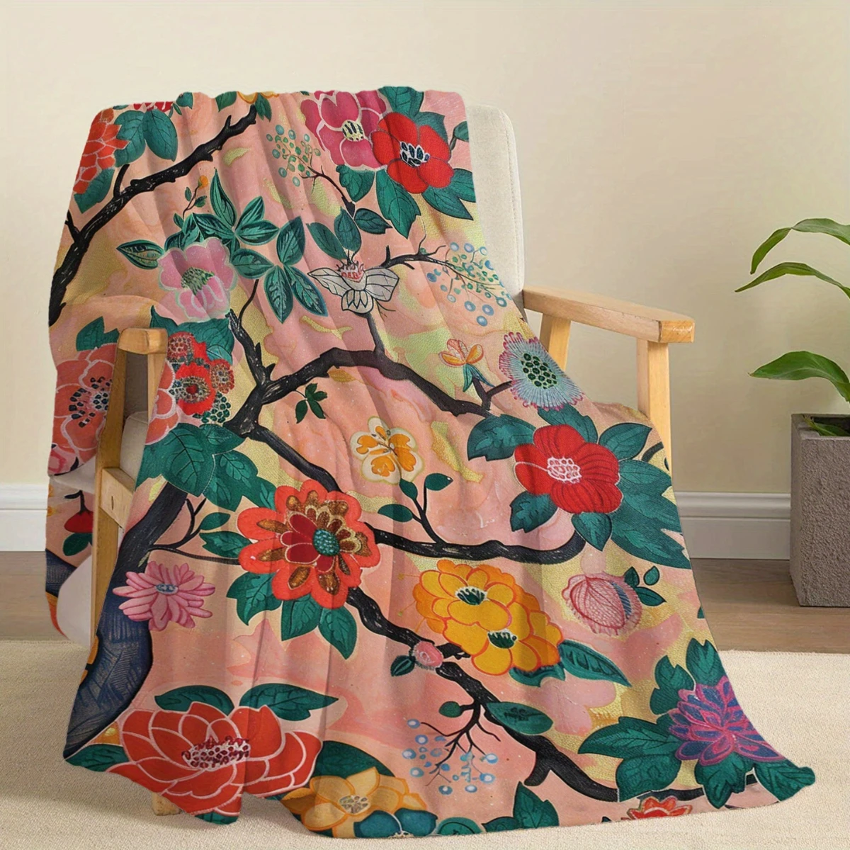 Cozy Branches and Floral Print Flannel Blanket - Bed, Sofa, Office, Travel, Gift, Decoration, Chair, Comfort andWarmth Christmas