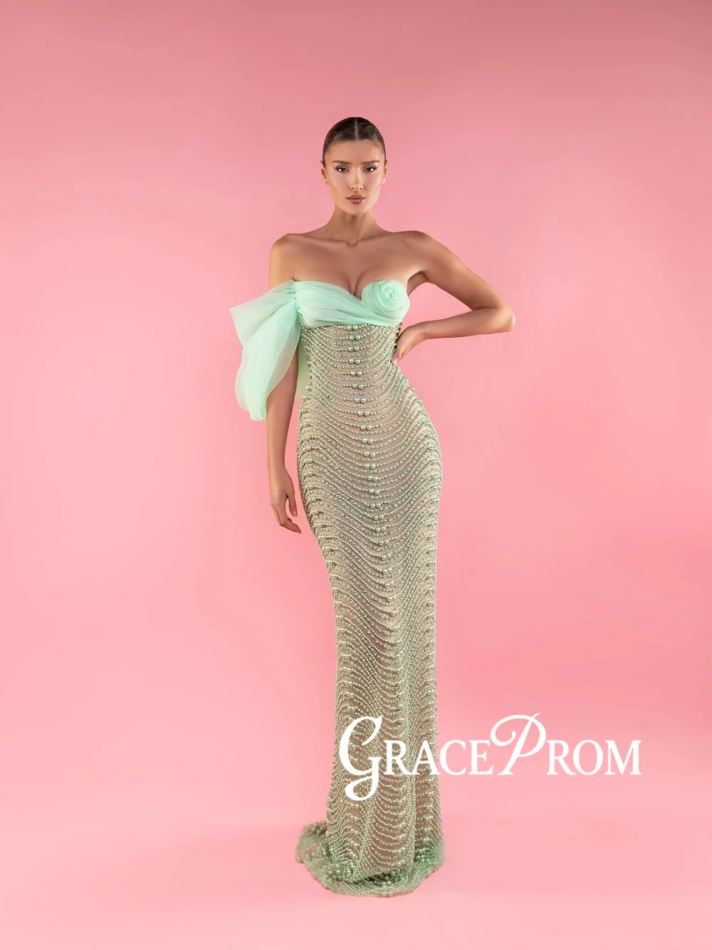 

Mint Green Gorgeous Pearls Evening Dress Elegant One Shoulder Straight Wedding Party Gown Customized New Long Red Carpet Gowns