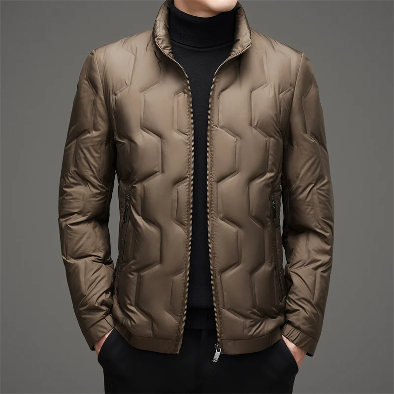 Casual Men\'s Lightweight Duck Down Jackets Solid Color Windproof Warm Puffer Coats Outwear Slim Stand Collar Tops Down Clothing