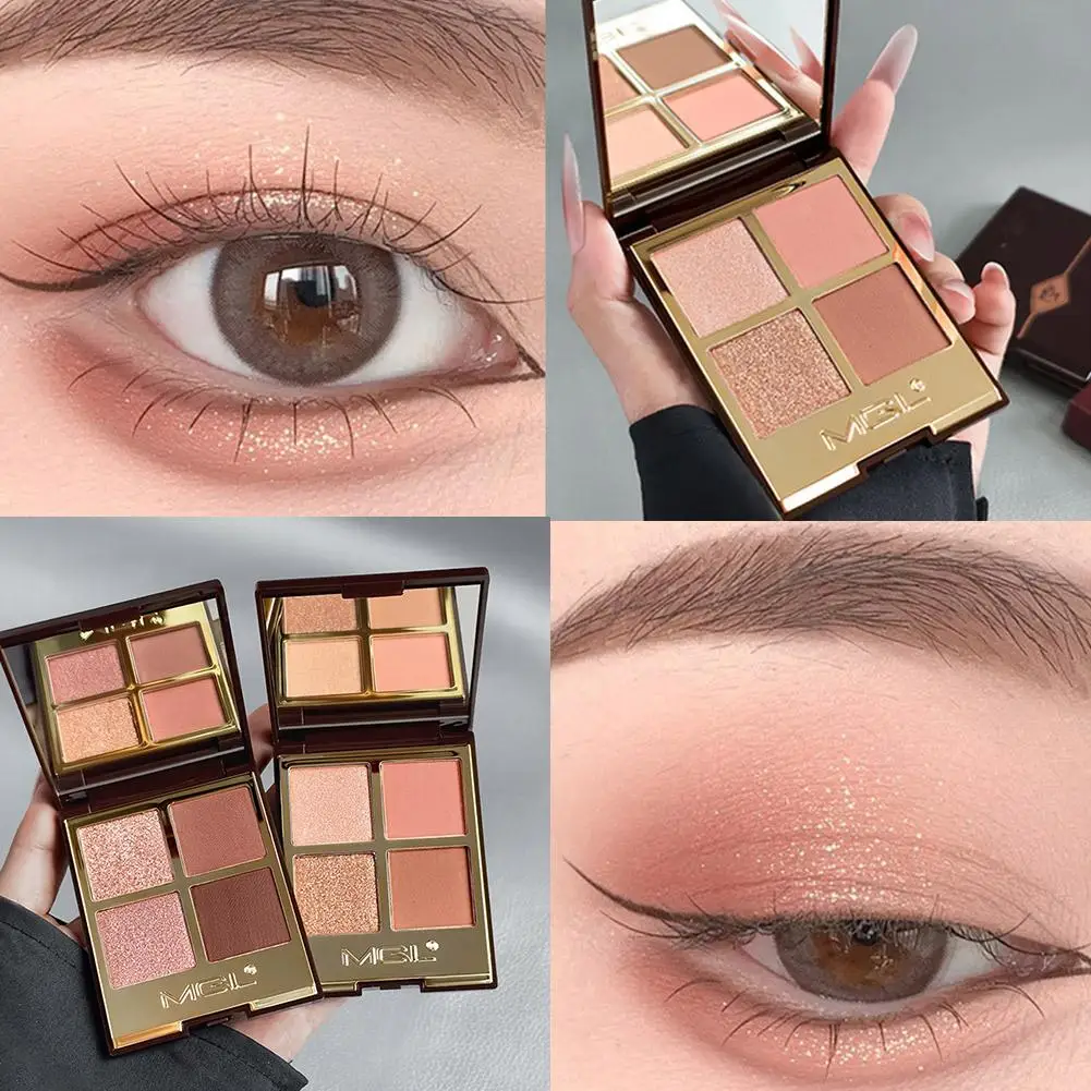 Palette de fards à paupières brun rose doux, paillettes nacrées, tons de terre marron clair mat pour le contour du visage, maquillage Blush