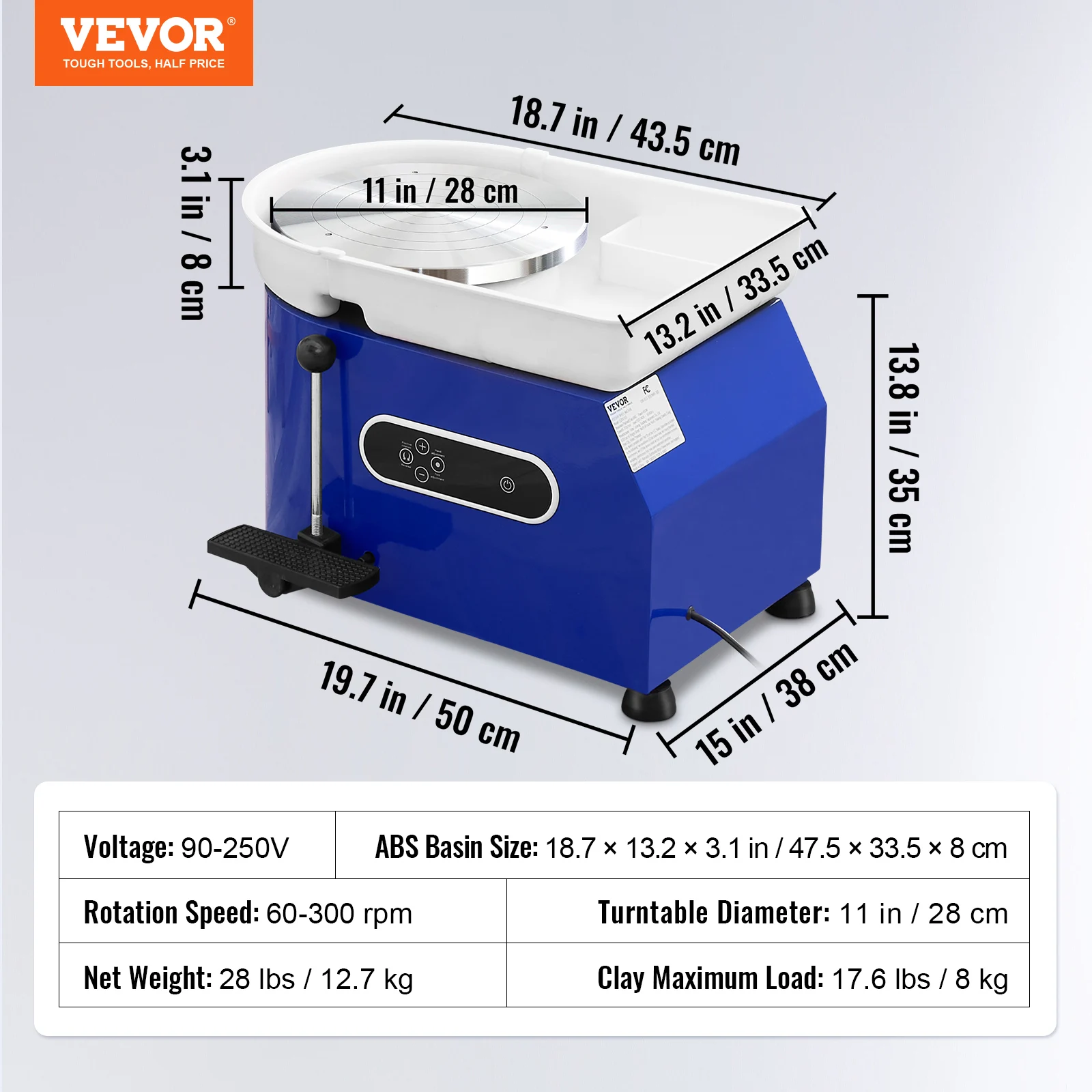 SucceBuy 11in Aardewerk Wiel Keramische Vormmachine Verstelbare 60-300 RPM Snelheid Handvat Voetpedaal Controle ABS Afneembare Wastafel