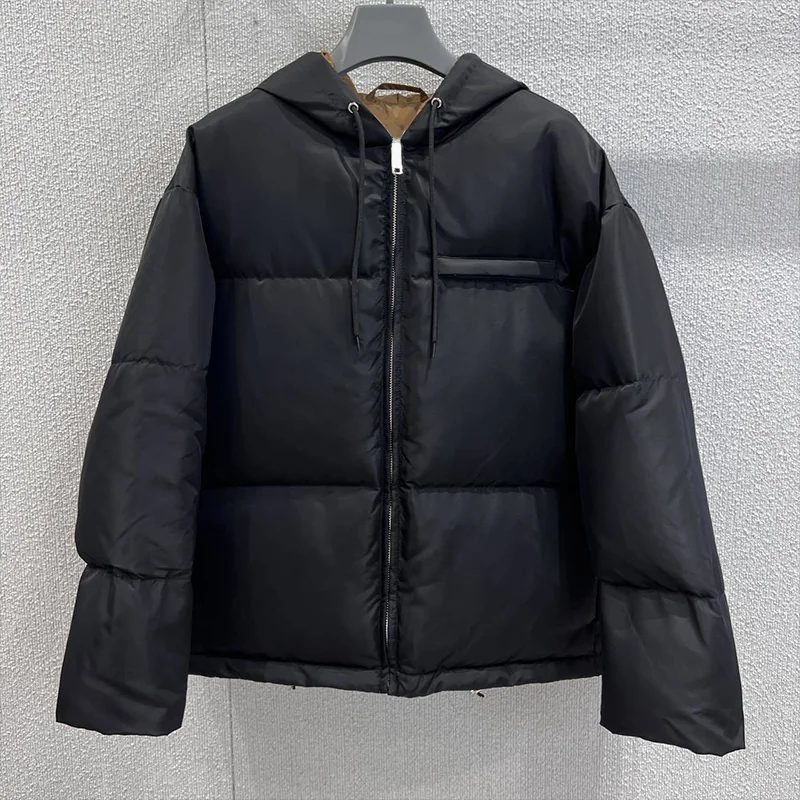 

High-quality women's down and cotton coat, dark brown inside and black outside, wide and loose style with a hood 2591982