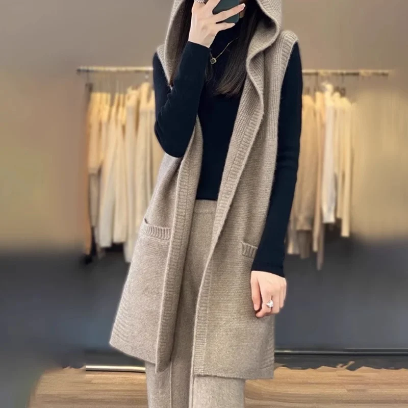 

New Autumn Winter Hooded Knitted Cardigan Vest Jacket Women Fashion Loose Sleeveless Waistcoats Female Coat Sweater Vest