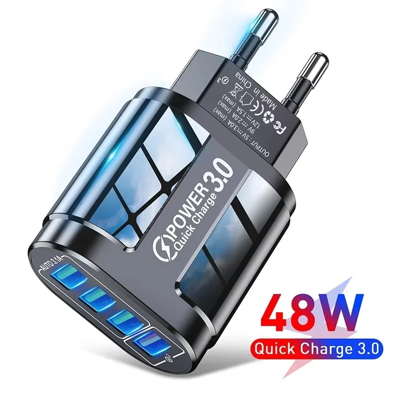 USB Charger Fast Charging Charge 3A Quick 3.0 Charger 4 Ports Mobile Phone Charge Travel Adapter EU US Plug Charger Accessories