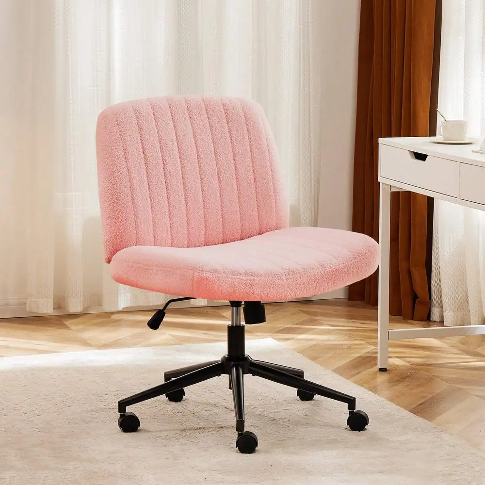 Criss Cross Office Chair With Wheels, Wide Armless Home Office Desk Chair With DualPurpose Base, Swivel Adjustable Teddy Fabric