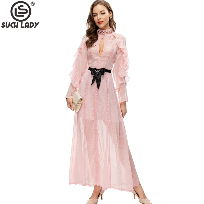 

Women's Runway Dresses Stand Collar Hollow Out Ruffles Long Sleeves Sexy Keyhole Fashion Designer Vestidos