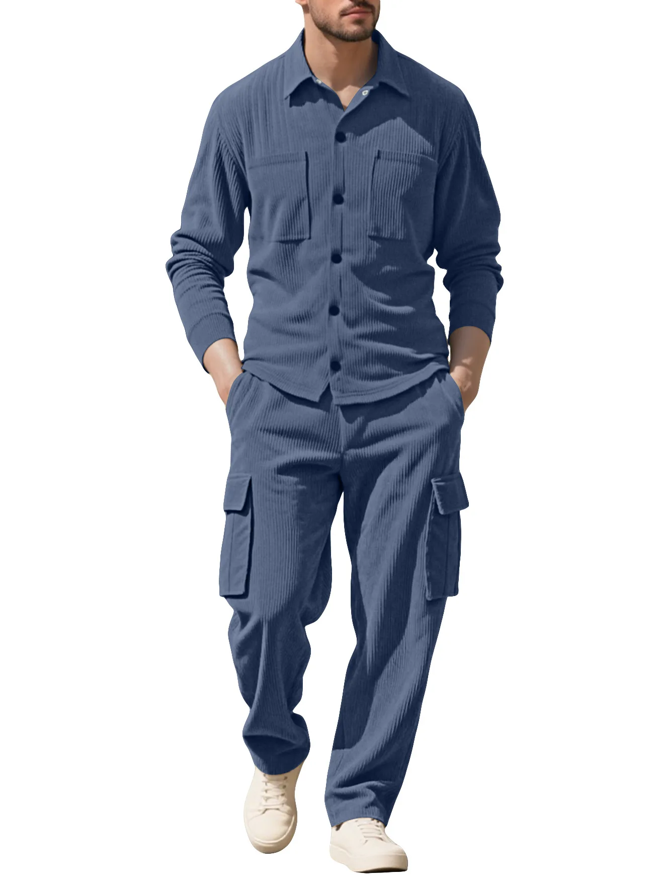 Men's Tracksuit Corduroy Workwear 2 Piece Set Loose Fit Lapel Collar Long Sleeve Button Down Casual Sports Outfit for Daily Wear