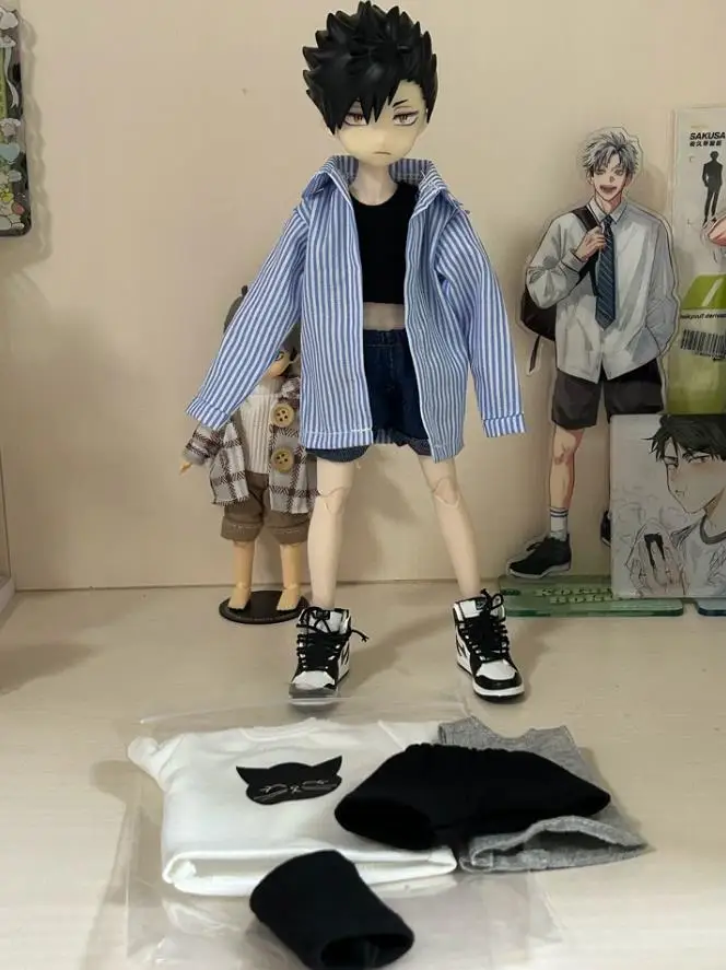 D05-P212 kinderen speelgoed 1/6 blyth ob24 ob27 azone BJD poppenkleertjes Kat hoofd T-shirt en zwarte shorts 2 stks/set