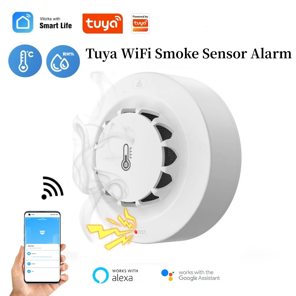 Tuya WiFi Smoke Sensor Alarm Smart Fire Temperature and Humidity Detector Security Protection for Alexa Google Home Smart Life