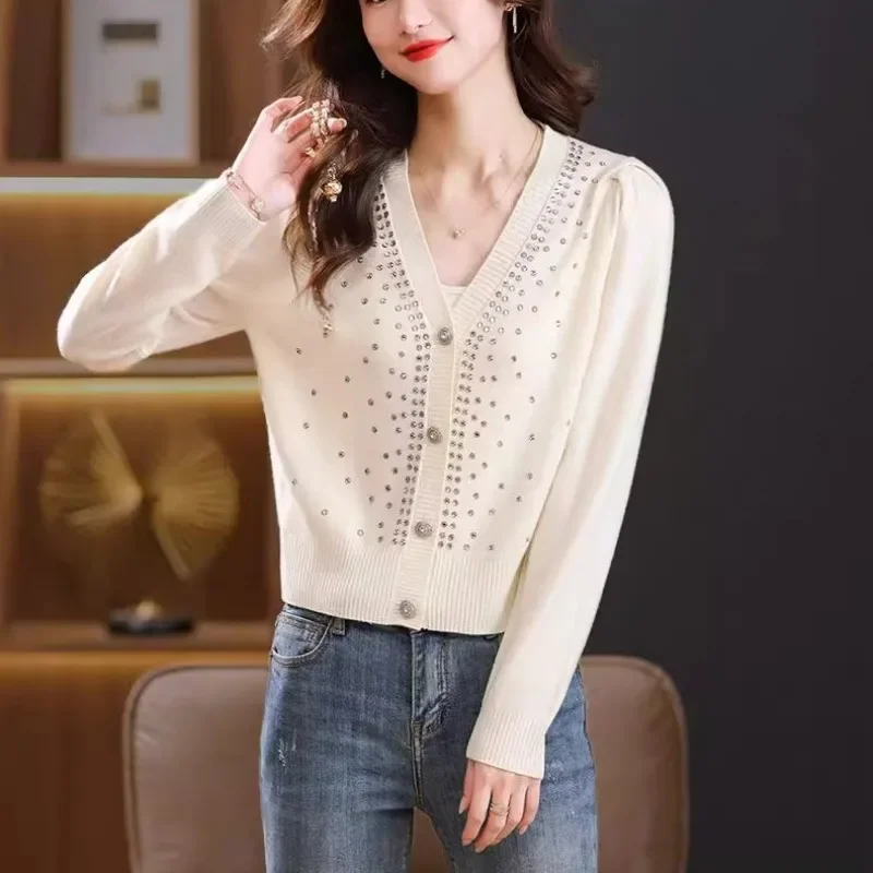 Spring Autumn 2025 Women's New Solid Color V Neck Button Rhinestone Knit Cardigan Exquisite European Youthful Elegant Trendy