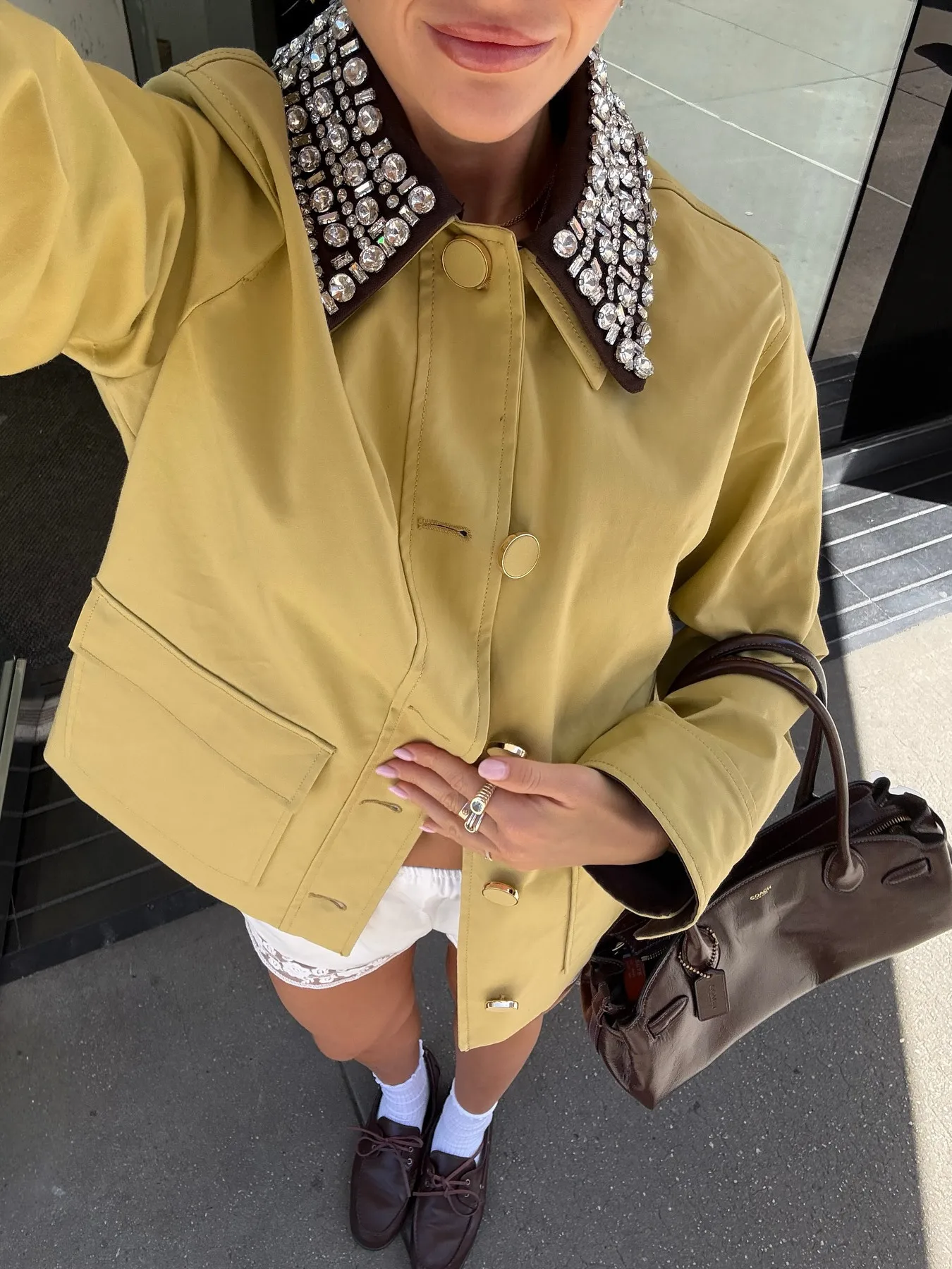 

Handmade Rhinestone Women Yellow Jacket Autumn Winter Single Breasted Long Sleeve Turn-down Collar Loose Female Cotton Coat