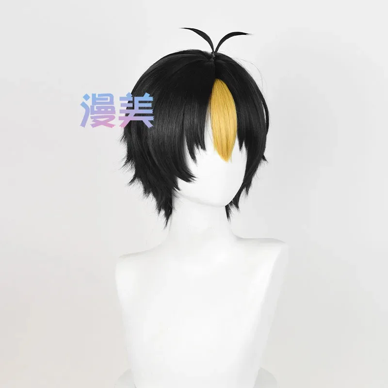 يو Nishinoya شعر مستعار تأثيري 30 سنتيمتر قصيرة أسود ذهبي يسلط الضوء على الشعر أنيمي مقاومة للحرارة بيروكات صناعية