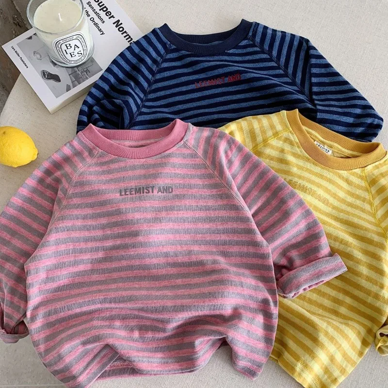 BELLBELL Kinder Jungen Langarm-T-Shirts für den Herbst mit Buchstaben-Print, gestreifte T-Shirts für Kleinkinder, lässige Pullover für kleine Jungen – Detail 11