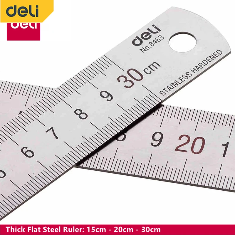 DELI Stainless Steel Straight Ruler Precision 15-30CM Flat Thick Metal Measuring Scale Tools Office Supplies