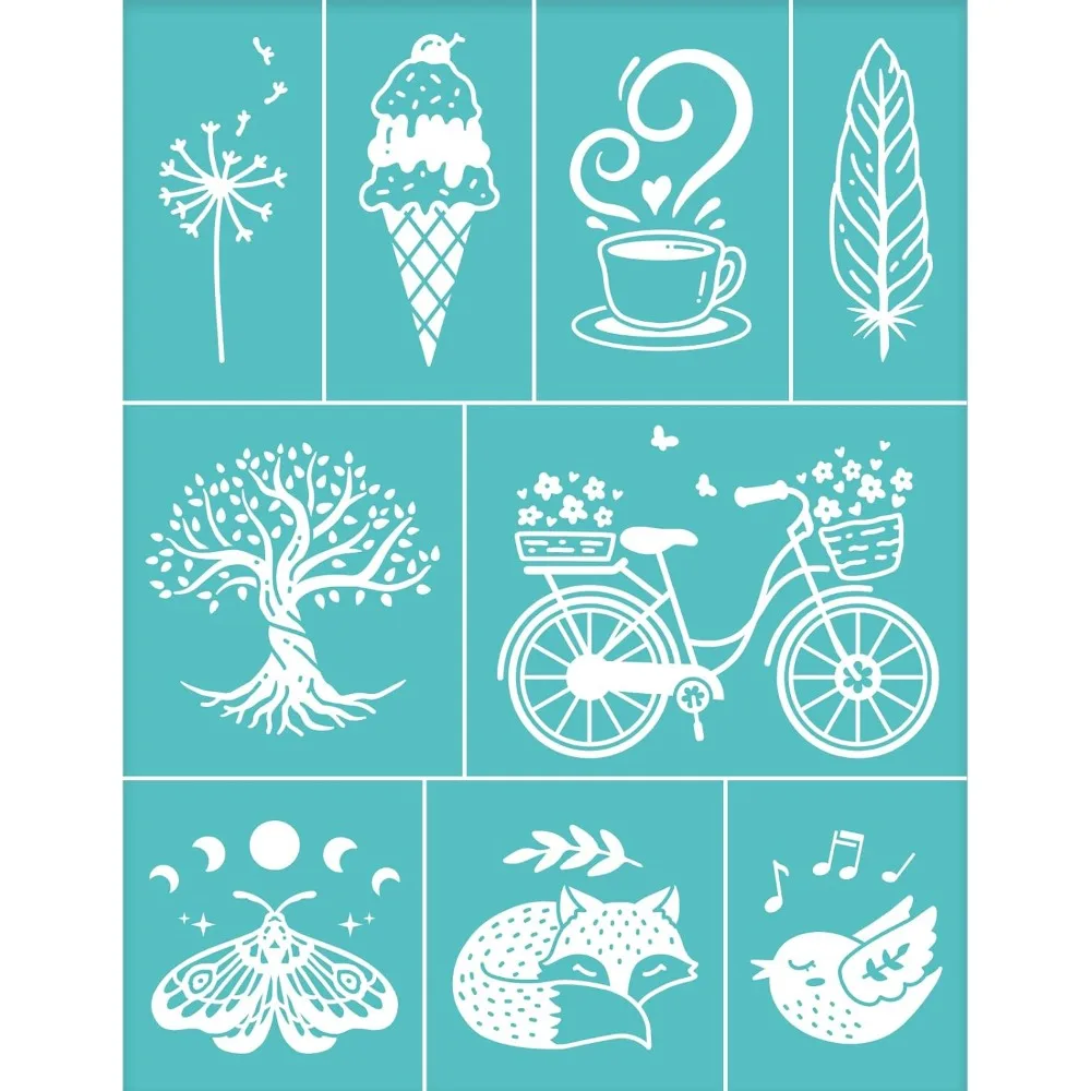 Serigrafia auto-adesiva, estêncil reutilizável, sorvete, árvore, bicicleta, pássaro, raposa, borboleta, transferências de malha, 2pcs