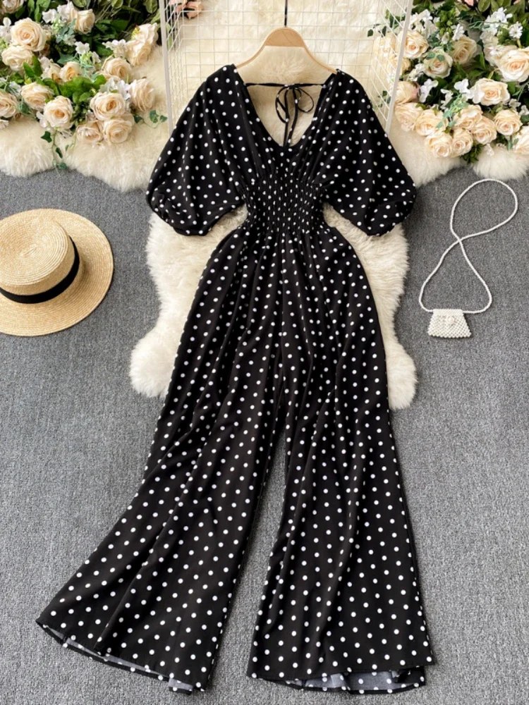 2024 Women Spring Sexy Polka Dot Jumpsuits Romper Thin Ladies Loose Wide Leg Pants Overalls Playsuits Jumpsuits Female Summer