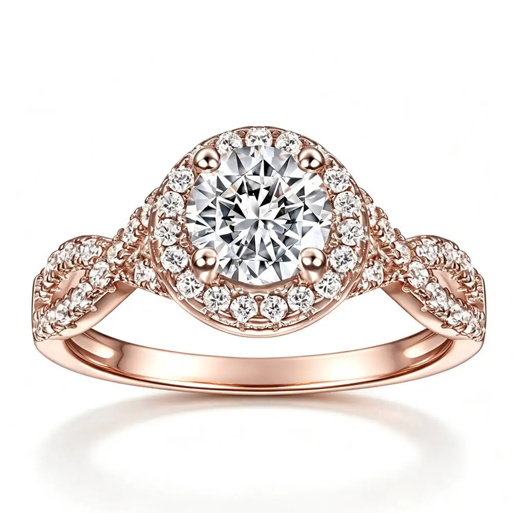 925 Sterling Silver 1CT Round Halo Twisted Split Shank Ring D VVS1 Moissanite Multi Tone Romantic Promise Fine Jewelry For Women