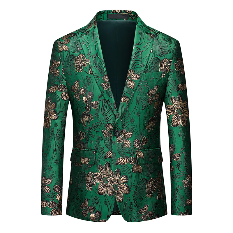 Fashion Men Green Jacquard Suit Jacket Trend Singer Prom Party Stage Performance Flower Dress Blazers Coats