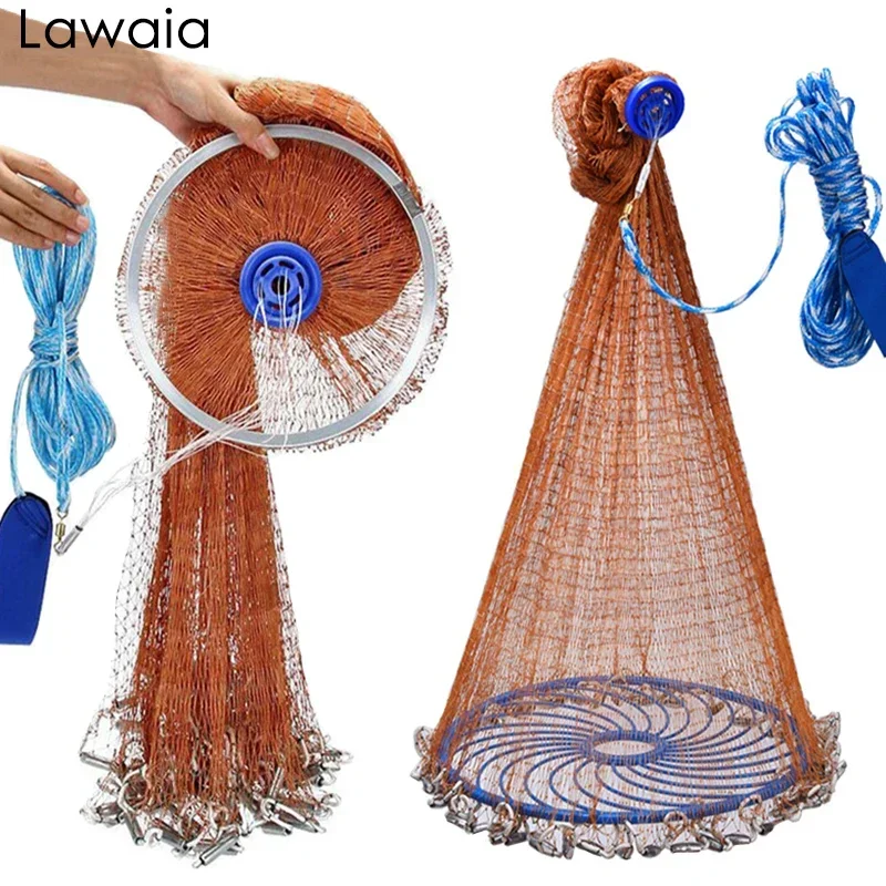 Lawaia Cast Net American Style Strong Braided Cable Hand Throw Fishing Net Aluminum Ring or Blue Ring Cast Network