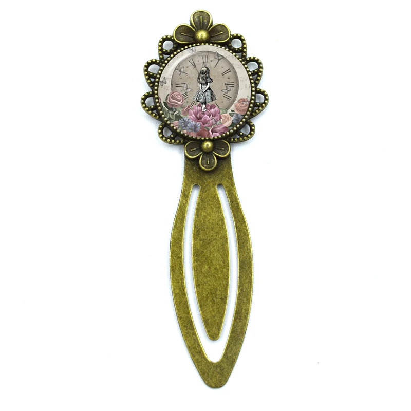 1 Pcs Retro Bronze Round Bookmark Vintage Metal Alice In Wonderland Wonderland Garden Glass Gems As Book Page Marker