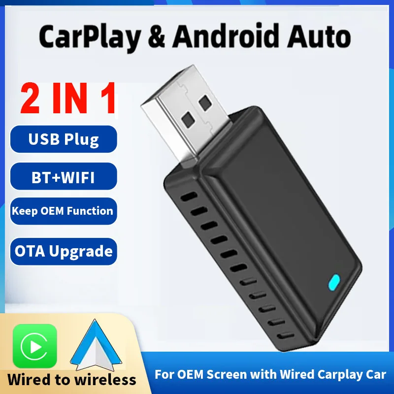 

Wired to Wireless Carplay Android Auto Adapter 2 IN 1 AI Box for OEM Car Stereo Plug and Play Smart Link For Android IOS Phones