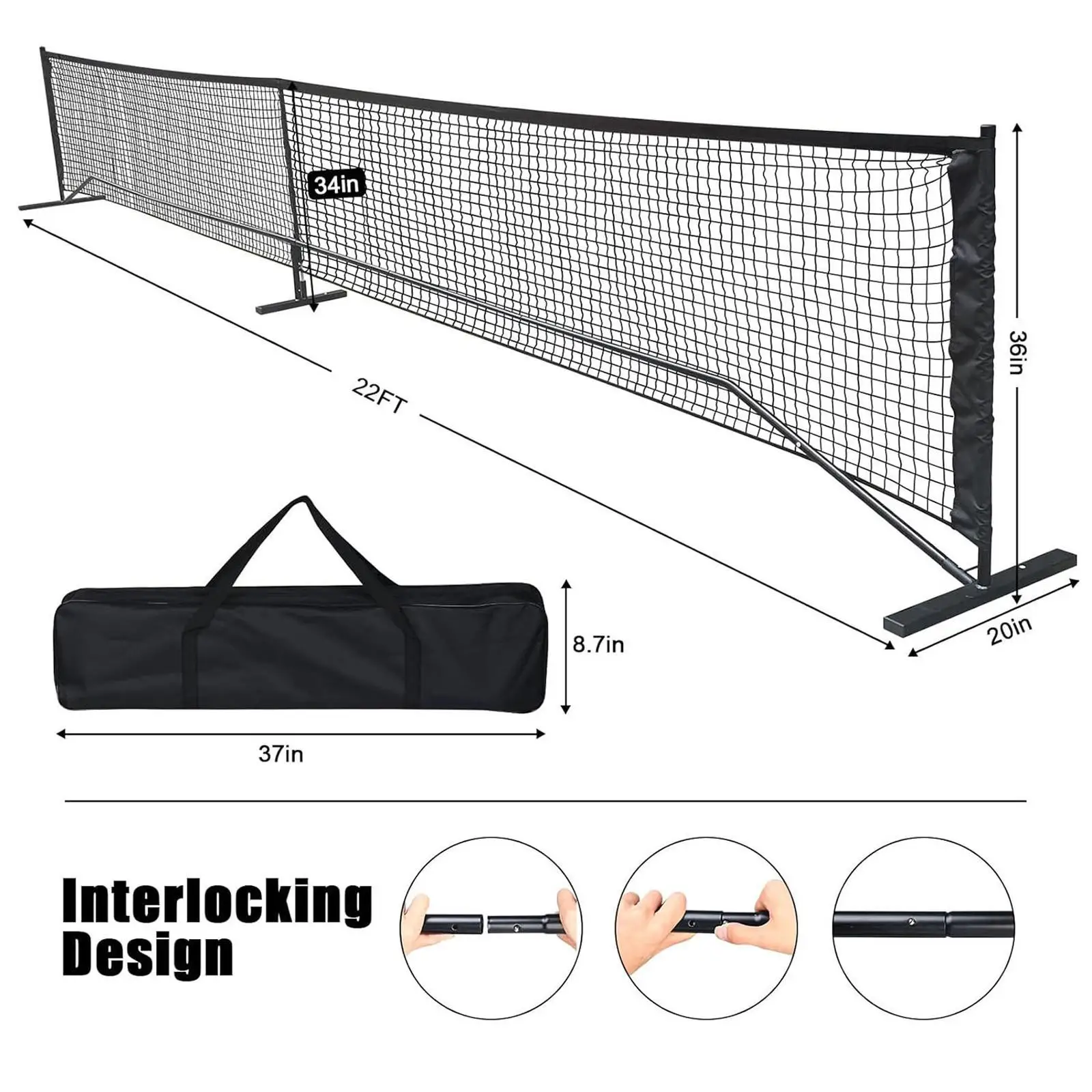 

Portable Pickleball Net System with Storage Bag 22ft Black Iron Frame Sports Net Easy Setup for Backyard Lawn