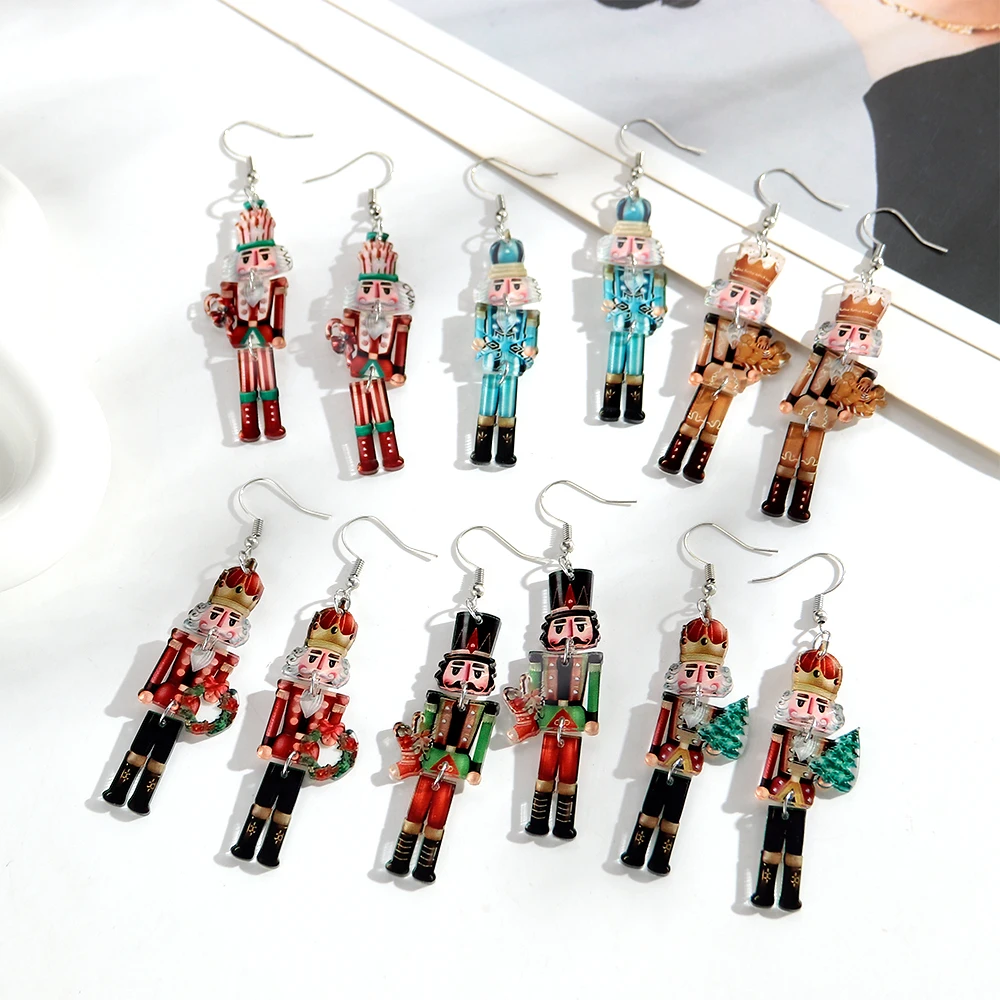 Funny Acrylic Nutcracker Soldier Long Drop Earrings for Women Cute Cartoon Character Dangle Earring Christmas Jewelry Gifts