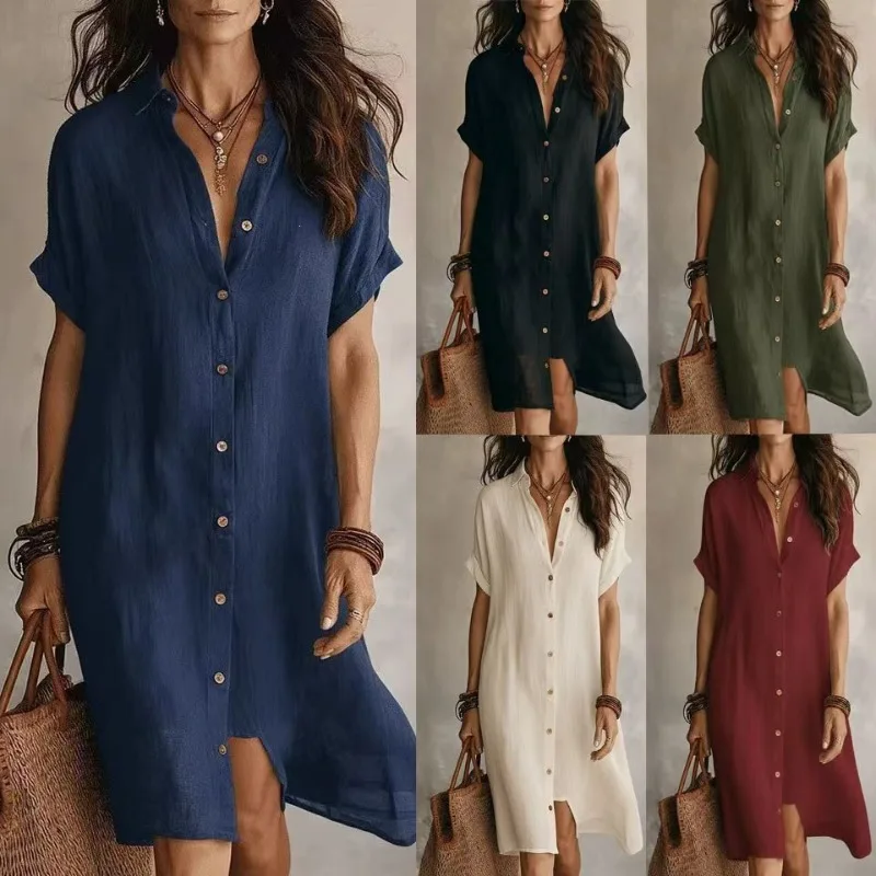 Einreihiges, einfarbiges, kurzärmeliges, lockeres, atmungsaktives Freizeithemdkleid für Damen – Neu im Bohème-Stil für den Sommer