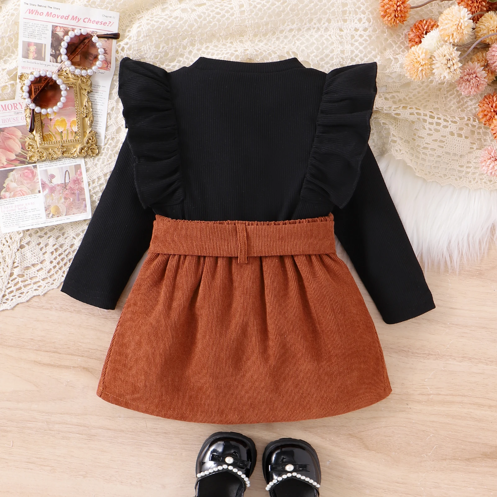 3PCS Autumn 1-4 Year Old Girl Baby Comfortable Fashionable Preppy Style Long-Sleeved Top + Coffee Short Skirt Set