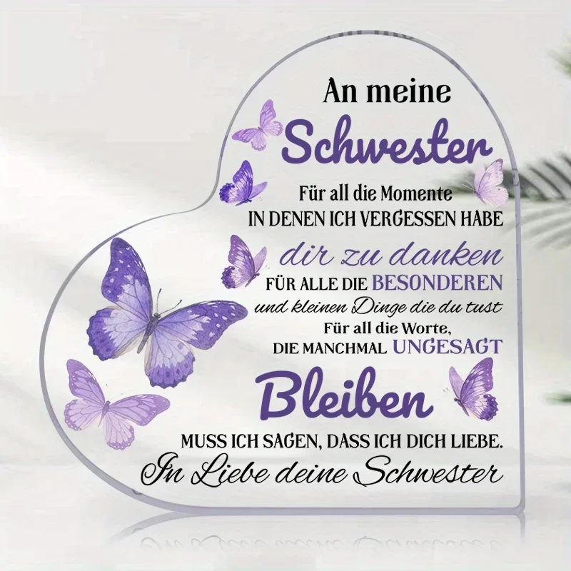 Heart Shaped Acrylic Plaque Gift for Sister Purple Butterfly Desk Decor,To My Sister German Quote Acrylic Heart Keepsake Ornament Gift