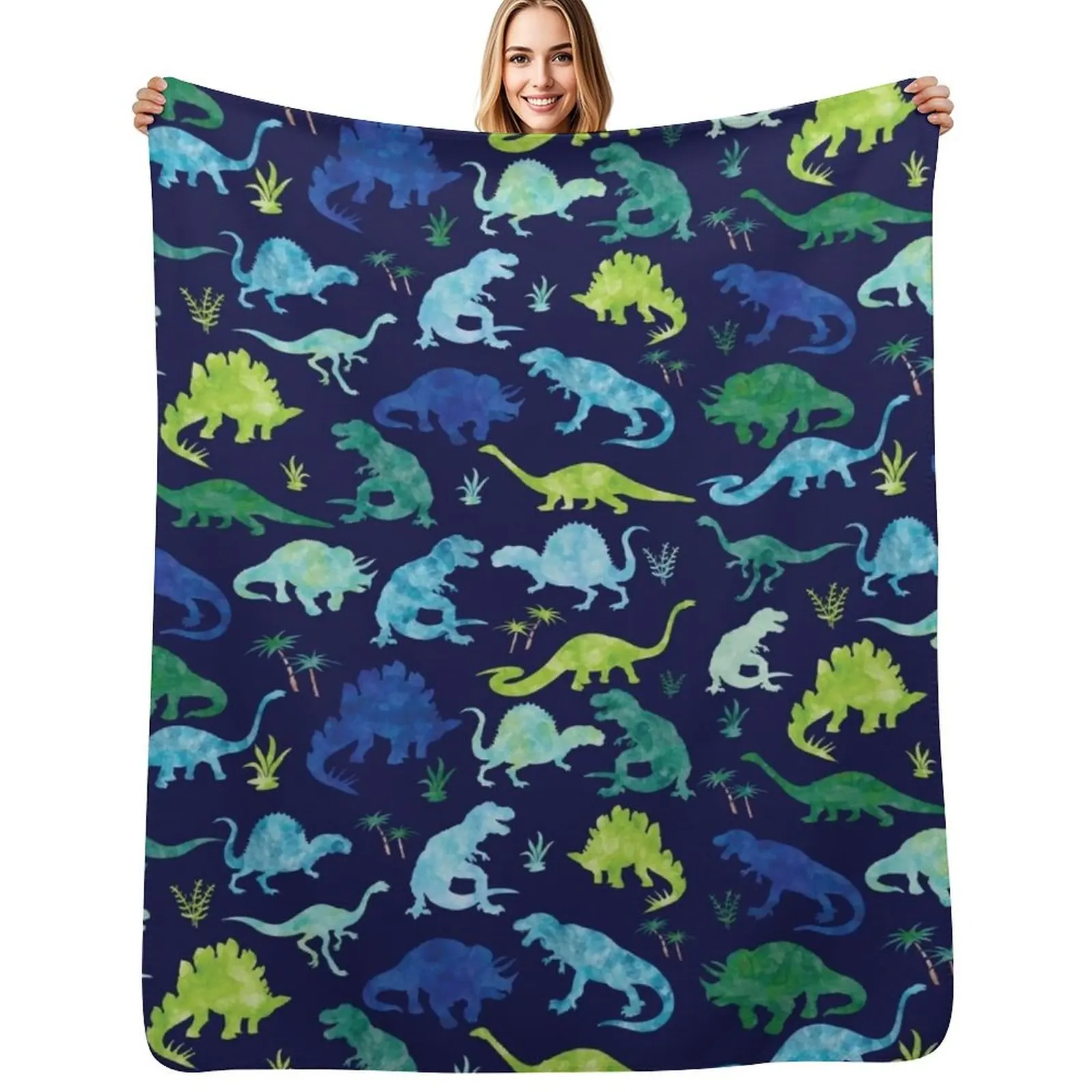 

Watercolor Dinosaur Blues Greens Dino Pattern Throw Blanket Blankets For Sofas Thins Sofa Quilt For Baby Blankets