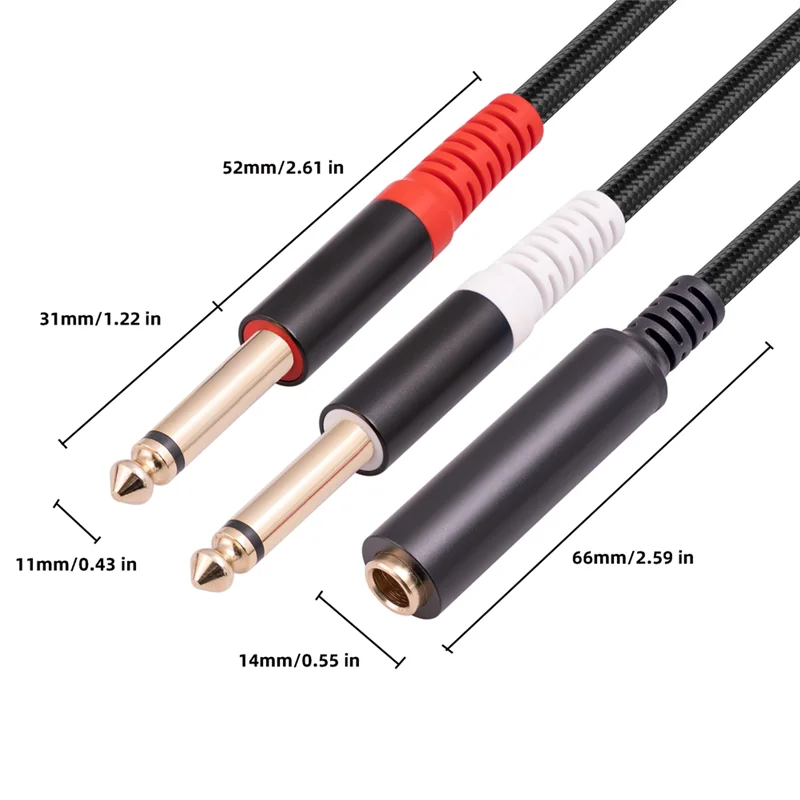 1Pcs 6.35mm 1/4 Inch Stereo TRS Female to 2 Dual 6.35mm Mono TS Male Y Splitter Cable Audio Adapter Cable