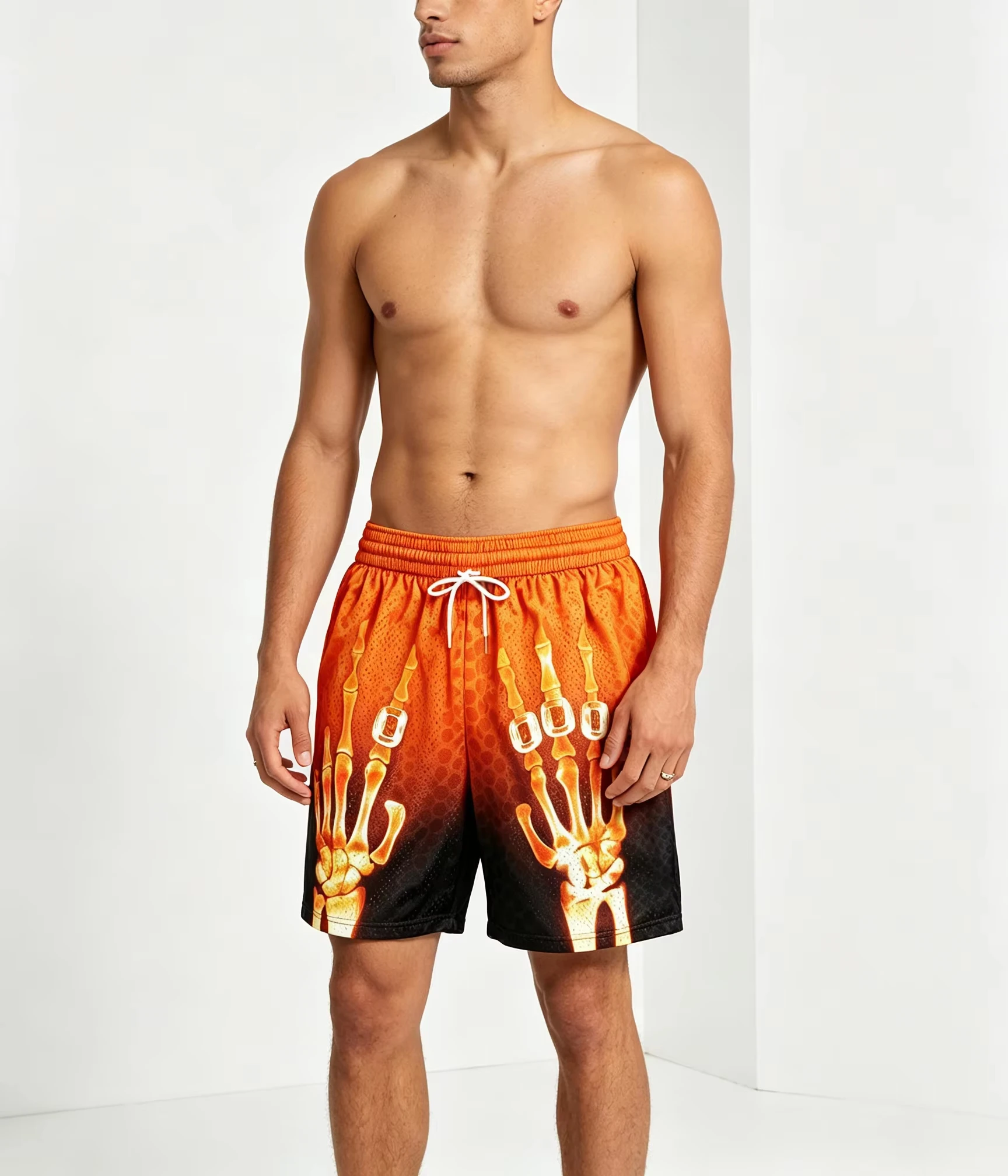Men Women Quick Drying Breathable Skeleton Hand Pattern Print Shorts Summer Street Beach Casual Trend Thin Vacation Shorts