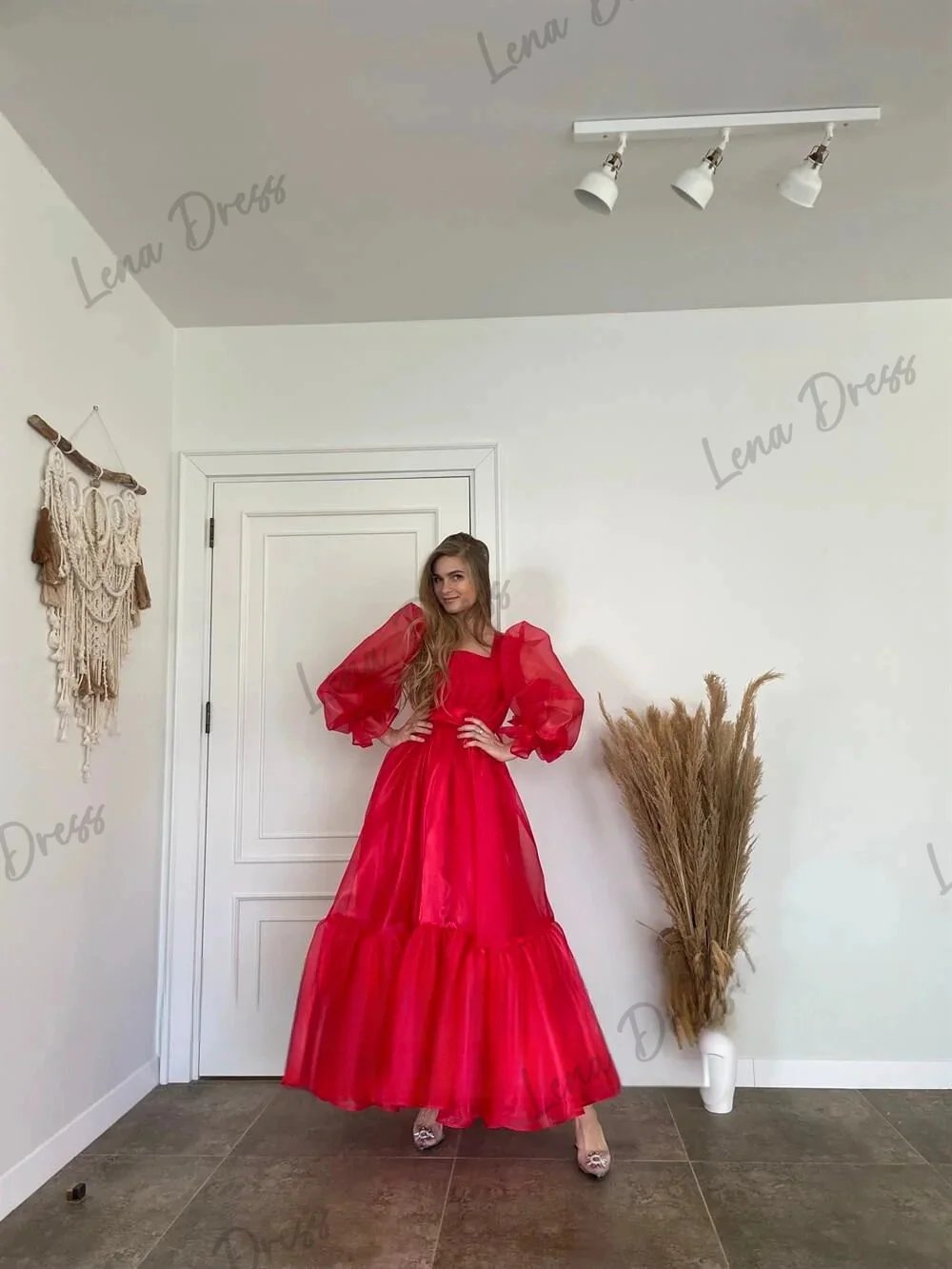 Lena-Red A-line organza ball dress with ankle length bubble sleeves for returning to school, pleated evening dress, fashionable